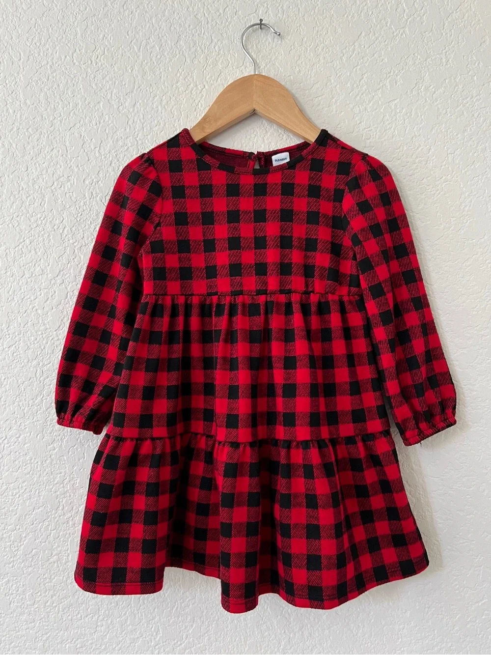 Old Navy Girls 3T Red Black Buffalo Plaid Tiered Long Sleeve Holiday Dress